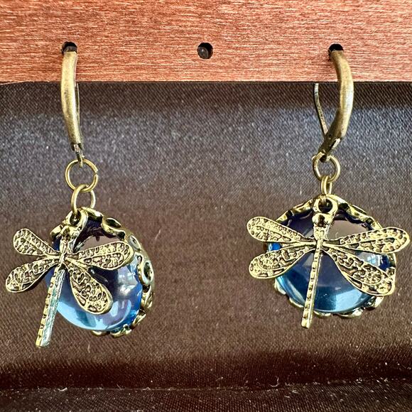 Dragonfly Droplet Golden Tone Earrings - Picture 2 of 4